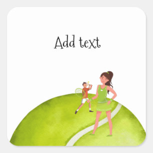 Tennis Woman Spieler hält Schläger und Ball Quadratischer Aufkleber