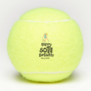 Tennis Woman Spieler mit dem Wort Happy 50. Geburt Tennisbälle