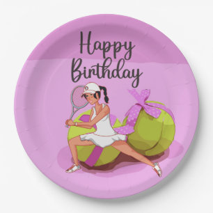 Tennisball auf rosa Happy Birthday Woman Player Pappteller
