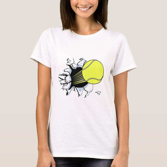 Tennisball durchbricht T-Shirt (Vorderseite)