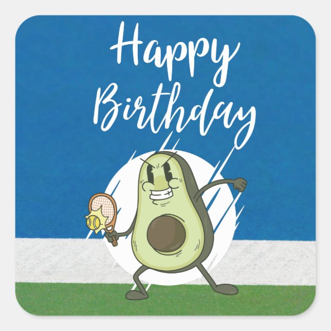 Tennisball mit Happy Birthday mit Avocado Quadratischer Aufkleber (Vorderseite)