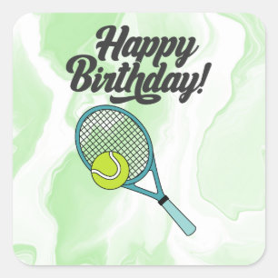Tennisball mit Happy Birthday Quadratischer Aufkleber