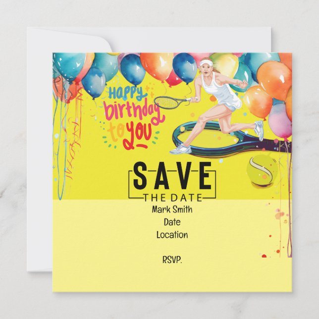 Tennisball mit Schläger am gelben Geburtstag Einladung (Vorderseite)