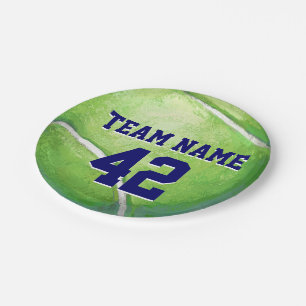 Tennisball mit Teamname und -nummer Pappteller