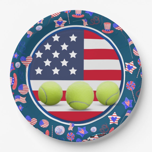 Tennisball mit US-Flagge 4. Juli Party Pappteller (Vorderseite)