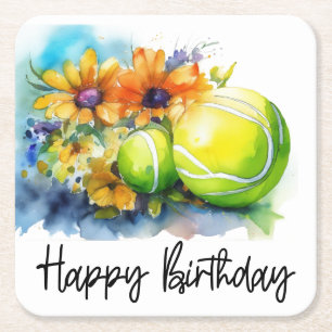 Tennisball mit viel Blume zum Geburtstag Rechteckiger Pappuntersetzer