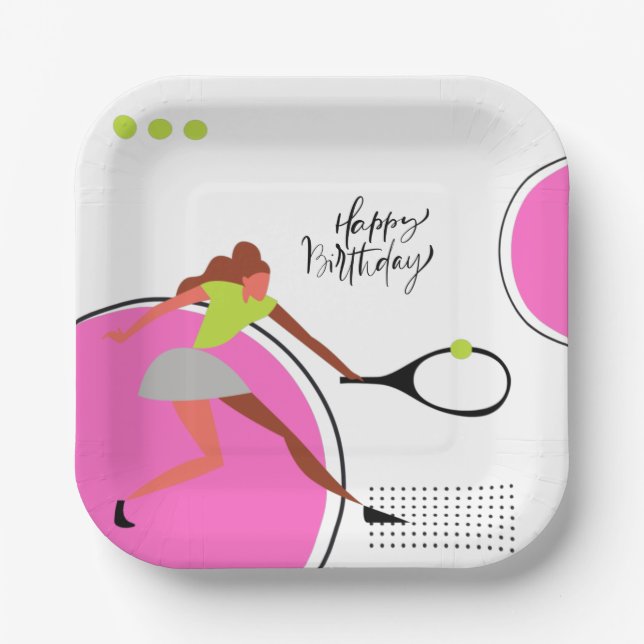 Tennisball mit weiblichem Spieler Geburtstag Pappteller (Vorderseite)