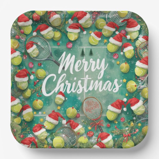 Tennisball mit Weihnachtsmannmütze auf dem Platz W Pappteller (Vorderseite)