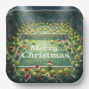 Tennisball mit Weihnachtsmannmütze auf dem Platz W Pappteller
