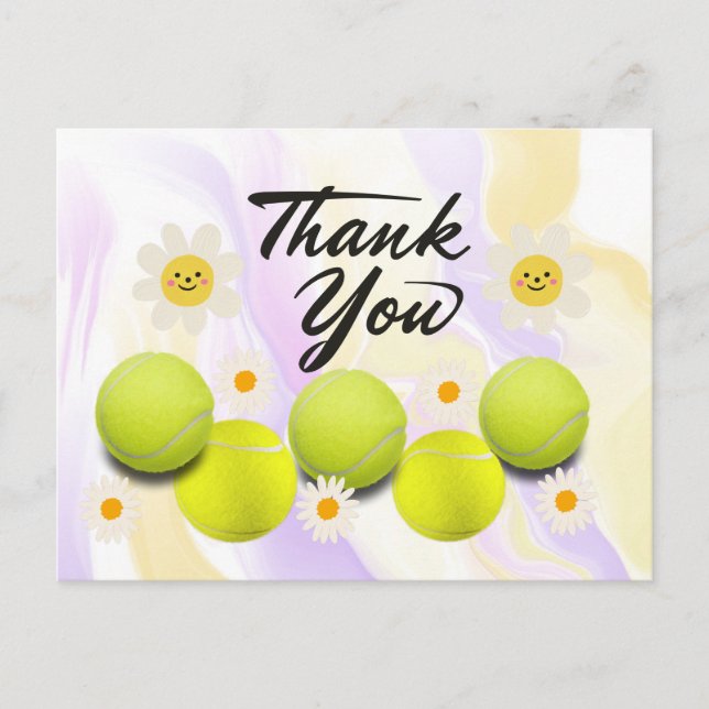Tennisball mit weißer, dunkler Blume danke posten Postkarte (Vorderseite)