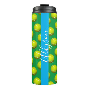 Tennisball-Muster, weißer Name, Sky Blue & Green Thermosbecher