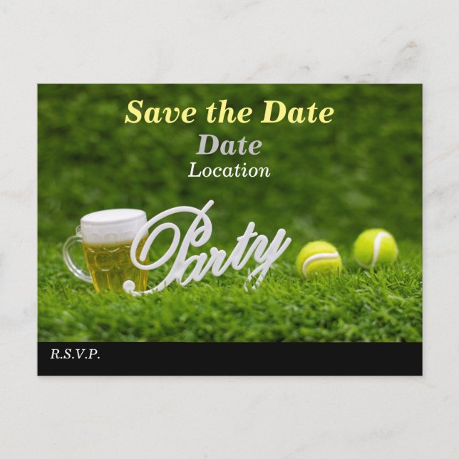 Tennisball und Bier Save the Date für Party Postkarte (Vorderseite)