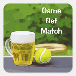 Tennisball und Bierspiel-Set Quadratischer Aufkleber