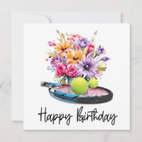 Tennisball und Schläger mit Blume zum Geburtstag