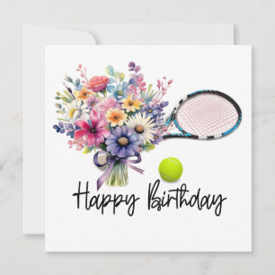 Tennisball und Schläger mit Blume zum Geburtstag Karte