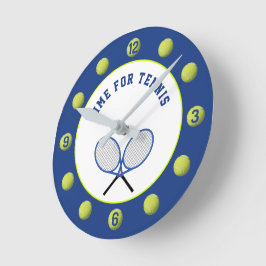 Tennisbälle und Schläger blau Runde Wanduhr