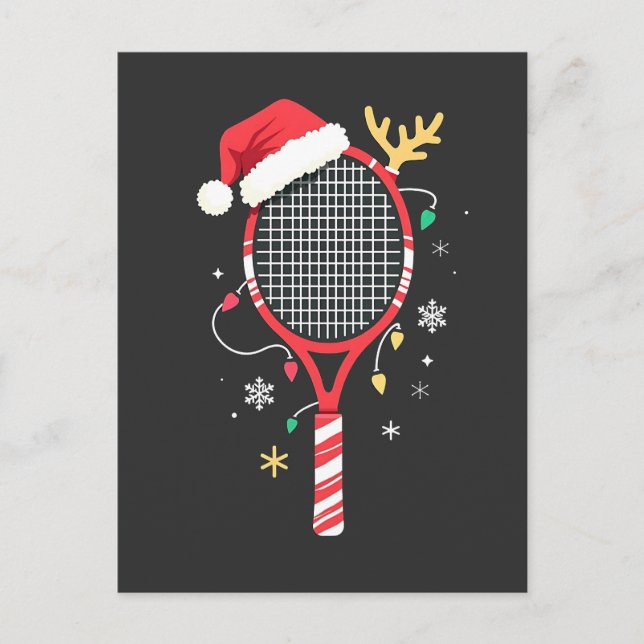 Tennissattel mit Weihnachtsmannmütze und Weihnacht Postkarte (Vorderseite)