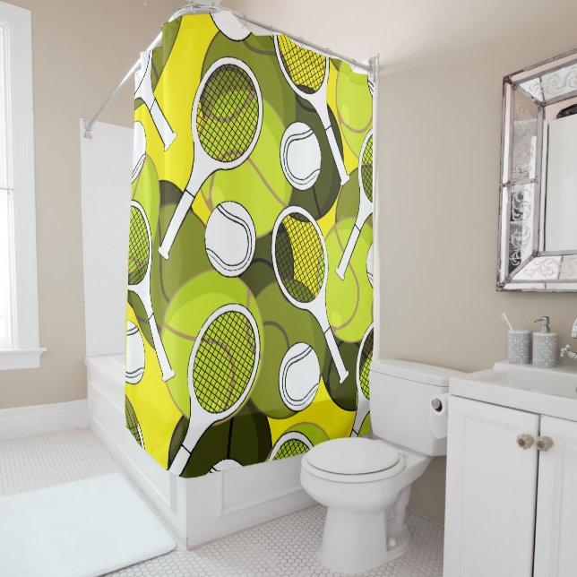 Tennisschläger mit schwarzer Kugelfarbe auf gelb  Duschvorhang (Beispiel)