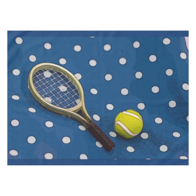 Tennisschläger und Ball auf weißen Polka Punkten b Tischdecke (Vorderseite (Horizontal))