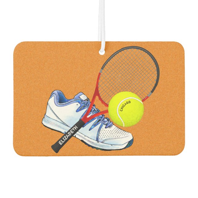 Tennisschuh-Ball und Racket mit eigenem Text Autolufterfrischer (Vorderseite)