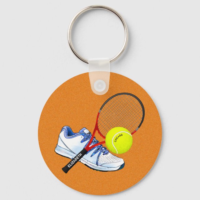 Tennisschuh-Ball und Racket mit eigenem Text Schlüsselanhänger (Vorderseite)