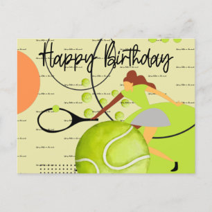 Tennisspielerin spielt Happy Birthday auf gelb Postkarte