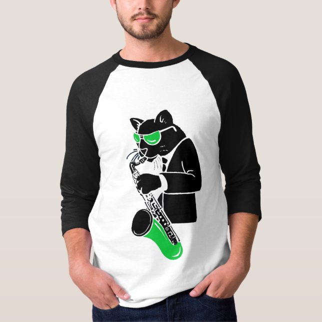 Tenorsaxofon-Katze - Grün T-Shirt (Vorderseite)