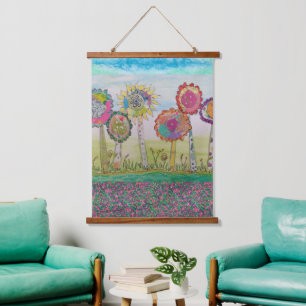 Teppich - Fantastische Blumen Wandteppich Mit Holzrahmen