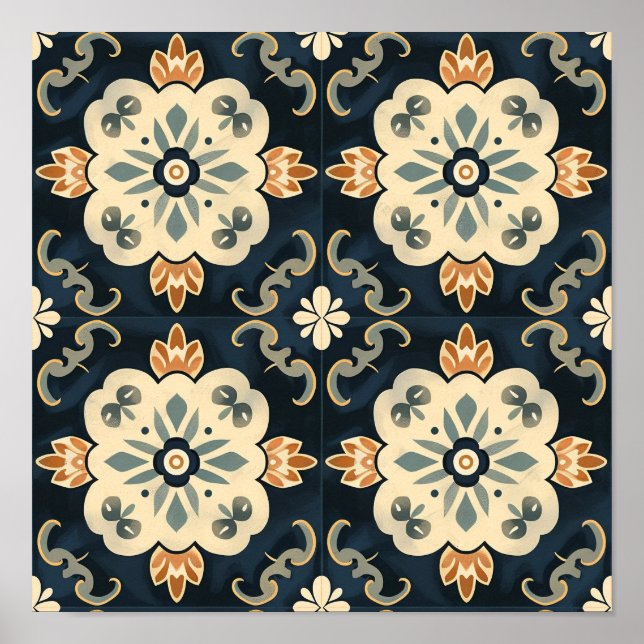 Teppiche Neo-Traditionelles Blau-Weiß-Muster Poster (Vorne)