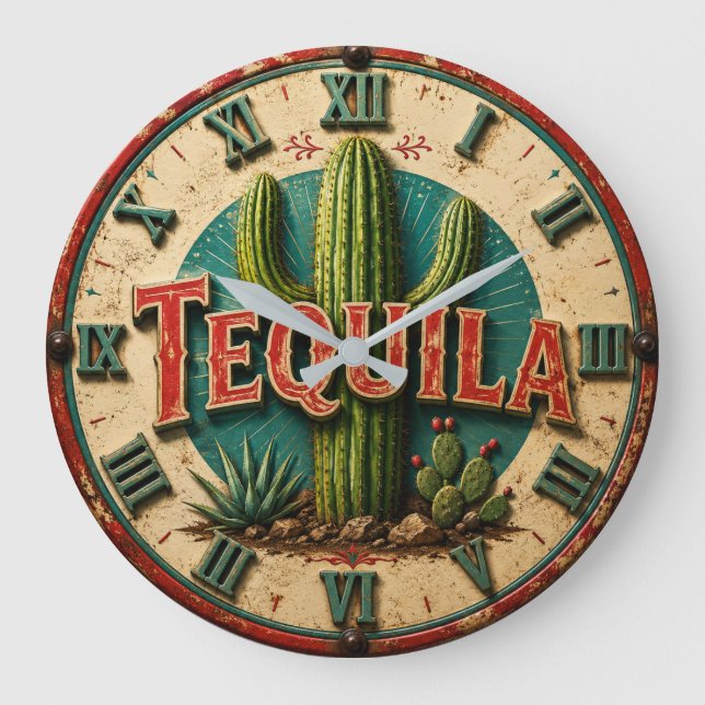 Tequila Cactus Rustic Mexican Bar Desert Home Gift Große Wanduhr (Vorderseite)