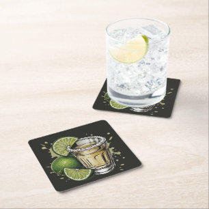 Tequila-Shot mit Salzrand und Limette-Illustration Rechteckiger Pappuntersetzer