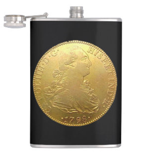 Tequila Spanish Gold Doubloon auf Black Flask Flachmann