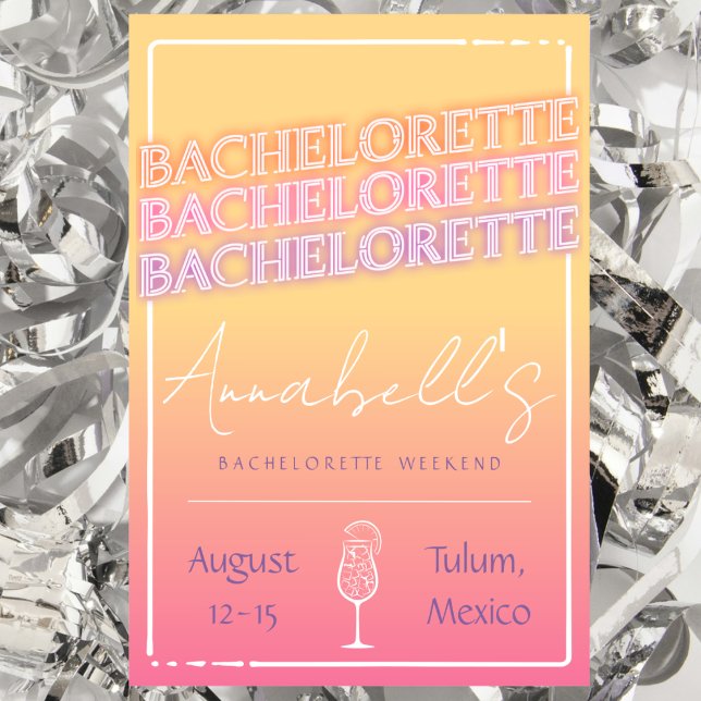 Tequila Sunrise Bachelorette Einladung (tequila sunrise cocktail themed bachelorette party weekend invitation and itinerary Tulum Mexico )