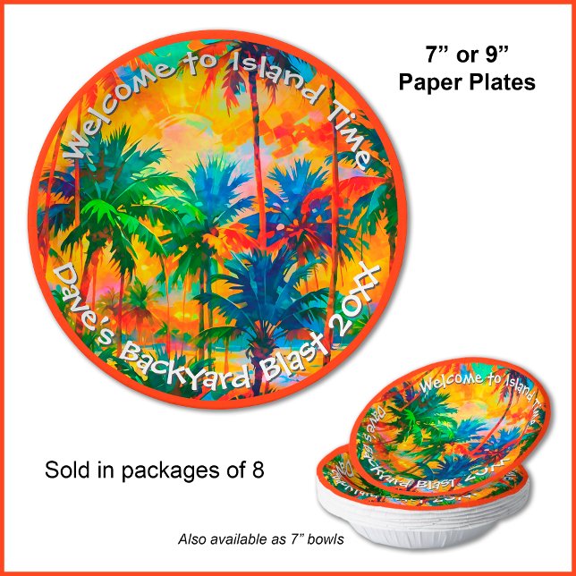 [Tequila Sunrise] Tropical Island Time Party Pappteller (You can customize the optional text and choose your own border color.)