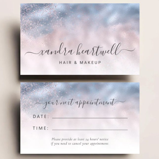 Termin im Blue Blush Shimmer Script Haarstudio Visitenkarte (Von Creator hochgeladen)