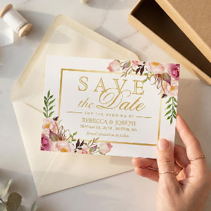 Termin vormerken Elegant Chic Rosa Blumen Goldrahm Save The Date