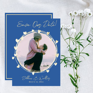 Termin vormerken Foto Hochzeit Blau Gold Herzen Save The Date