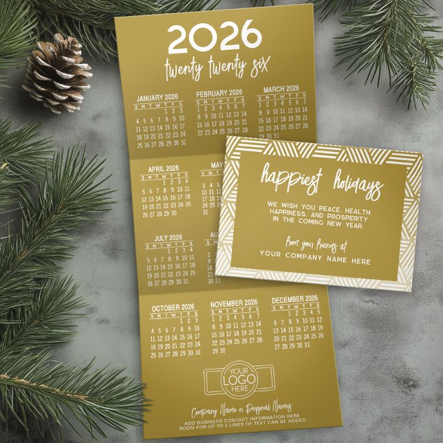 Terminkalender, Logos, Modernes Gold Business Dreifach Gefaltete Urlaubskarte (Business Holiday Card with a Hanging 2026 Calendar)