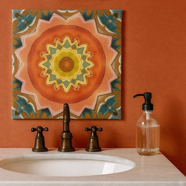 Terra Cotta Geometric Abstract Design Tile Fliese (Geometric abstract design tile in warm terra cotta and green earth colors. For kitchen or bathroom)