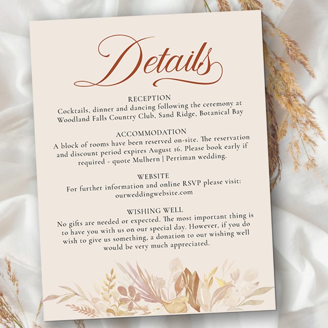 Terraccotta Cream Botanical Foliage Hochzeitsdetai Begleitkarte (Details enclosure card with elegant calligraphy and fully editable deets. )