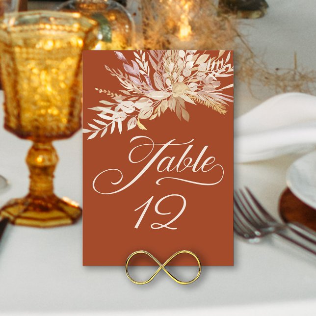 Terraccotta Creme Botanical Foliage Tischnummer (Wedding Table Number in terracotta and cream with elegant calligraphy and foliage)