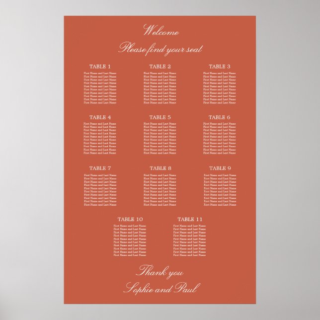 Terracotta 11 Table Wedding Seating Chart Poster (Vorne)