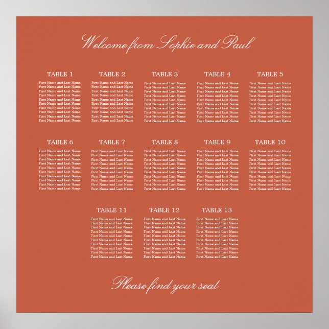 Terracotta 13 Table Wedding Seating Chart Poster (Vorne)