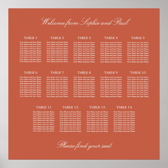 Terracotta 14 Table Wedding Seating Chart Poster (Vorne)