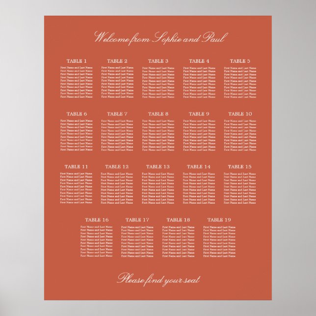 Terracotta 19 Table Wedding Seating Chart Poster (Vorne)