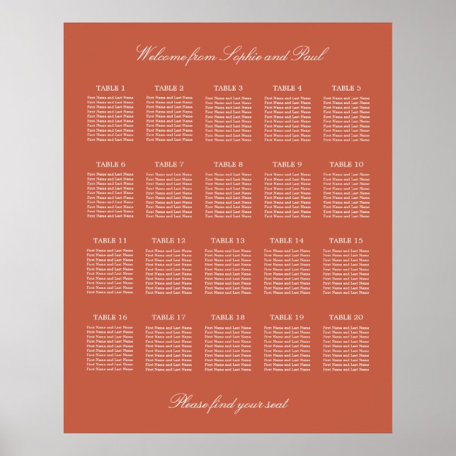 Terracotta 20 Table Wedding Seating Chart Poster (Vorne)