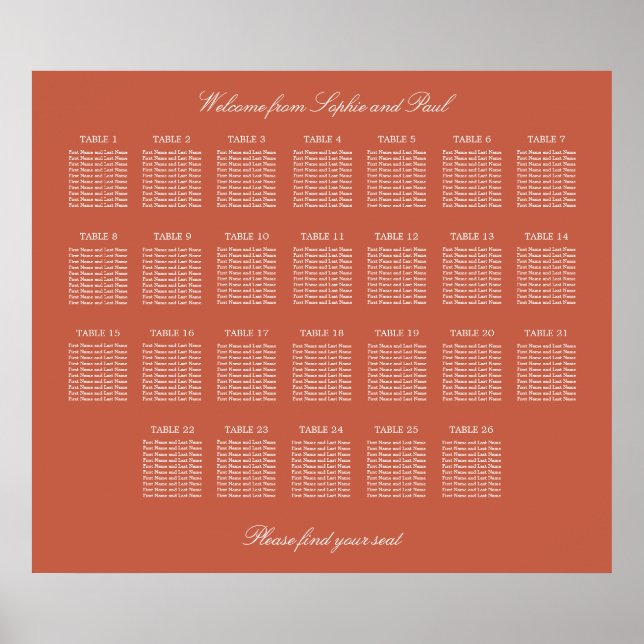 Terracotta 26 Table Wedding Seating Chart Poster (Vorne)