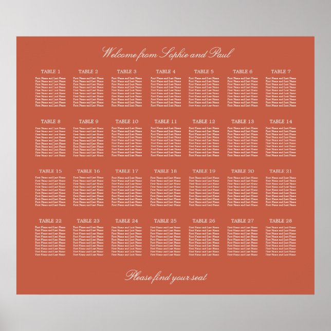 Terracotta 28 Table Wedding Seating Chart Poster (Vorne)