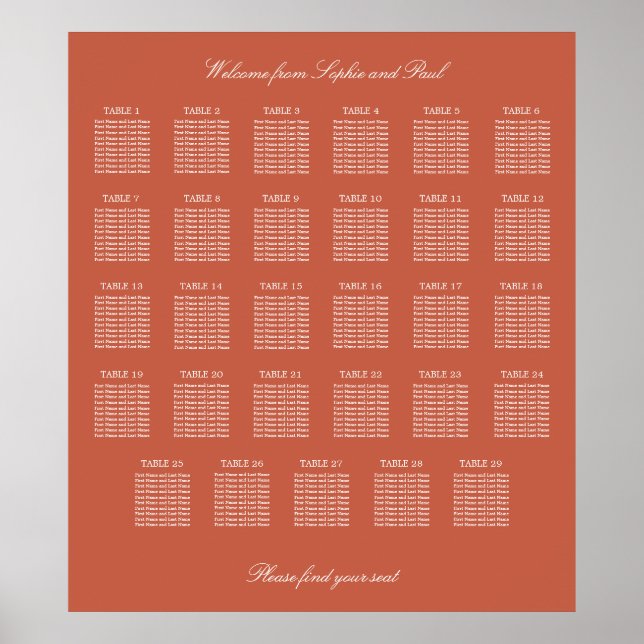 Terracotta 29 Table Wedding Seating Chart Poster (Vorne)
