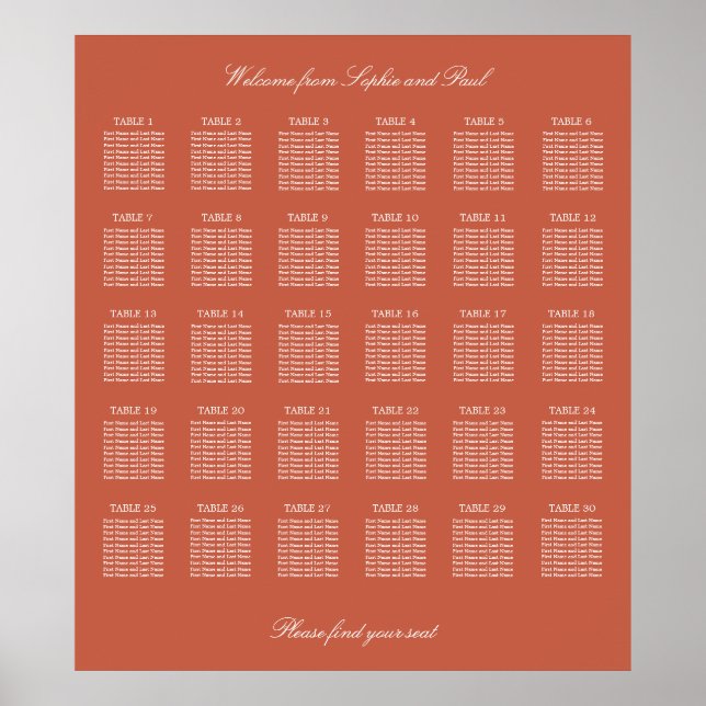 Terracotta 30 Table Wedding Seating Chart Poster (Vorne)